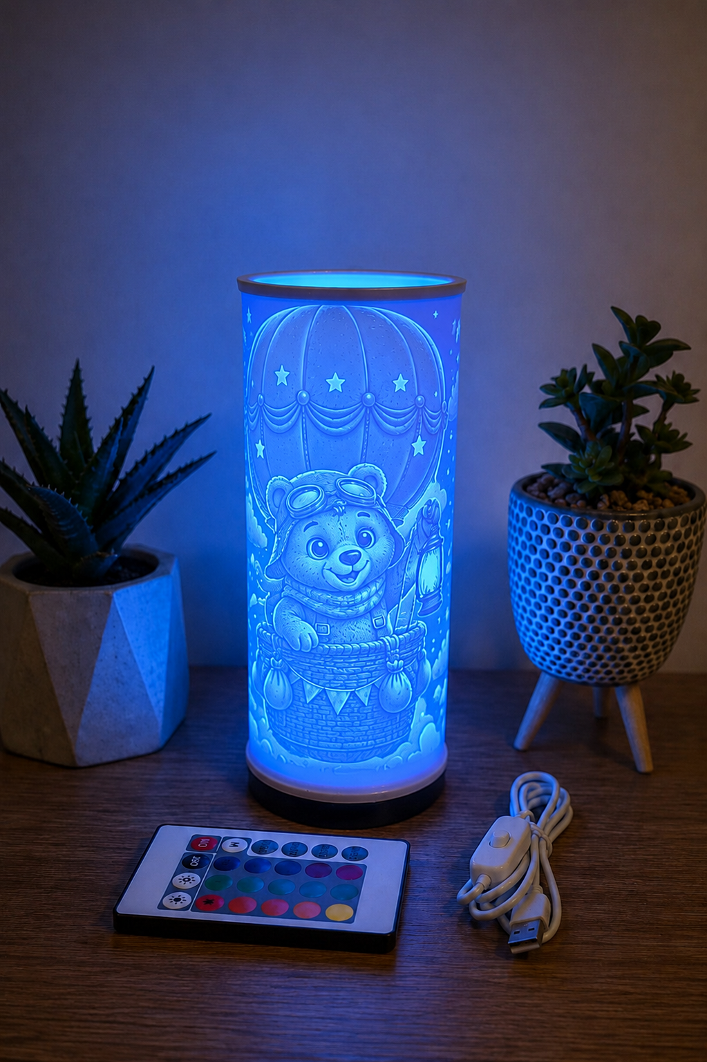 Lampe Lithophane - Ourson Aventurier en Montgolfière