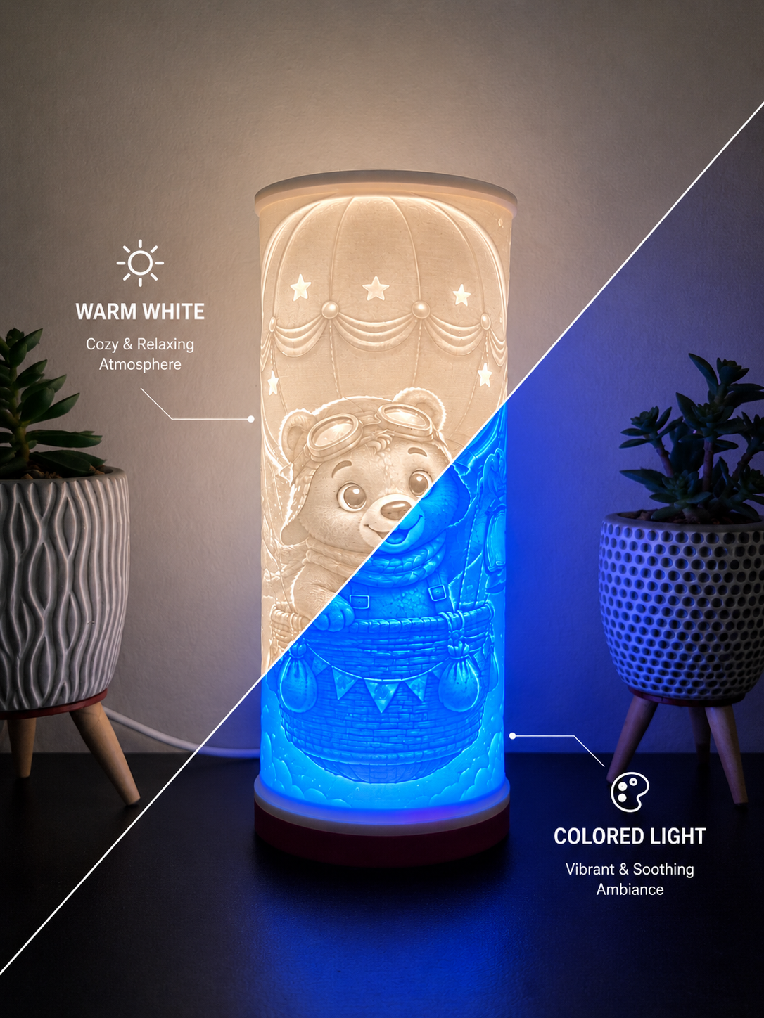 Lampe Lithophane - Ourson Aventurier en Montgolfière